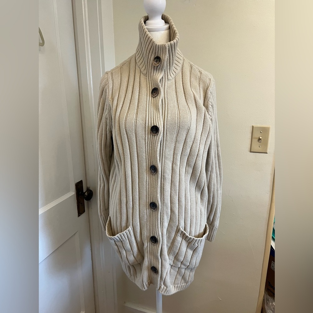 525 America Beige Tan Ribbed Knit Cardigan 100% Cotton Long Woman’s Size Medium